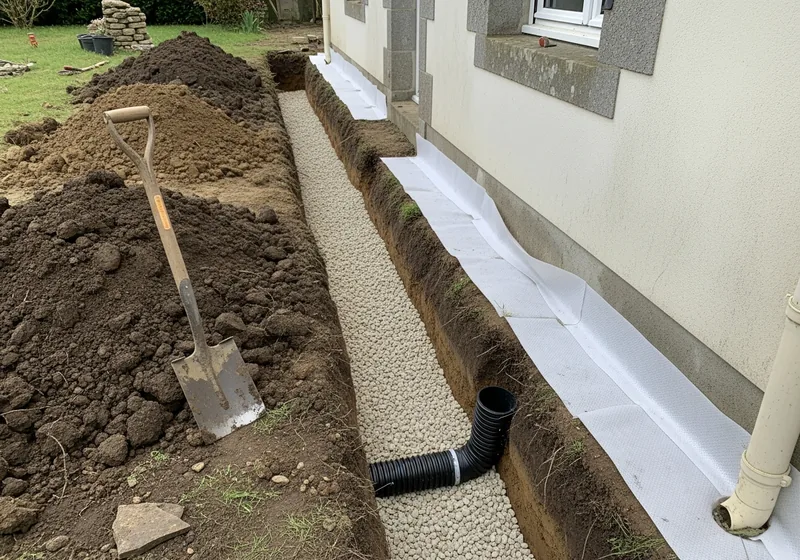 Tranchée de drainage périphérique le long des fondations d'une maison à Lorient